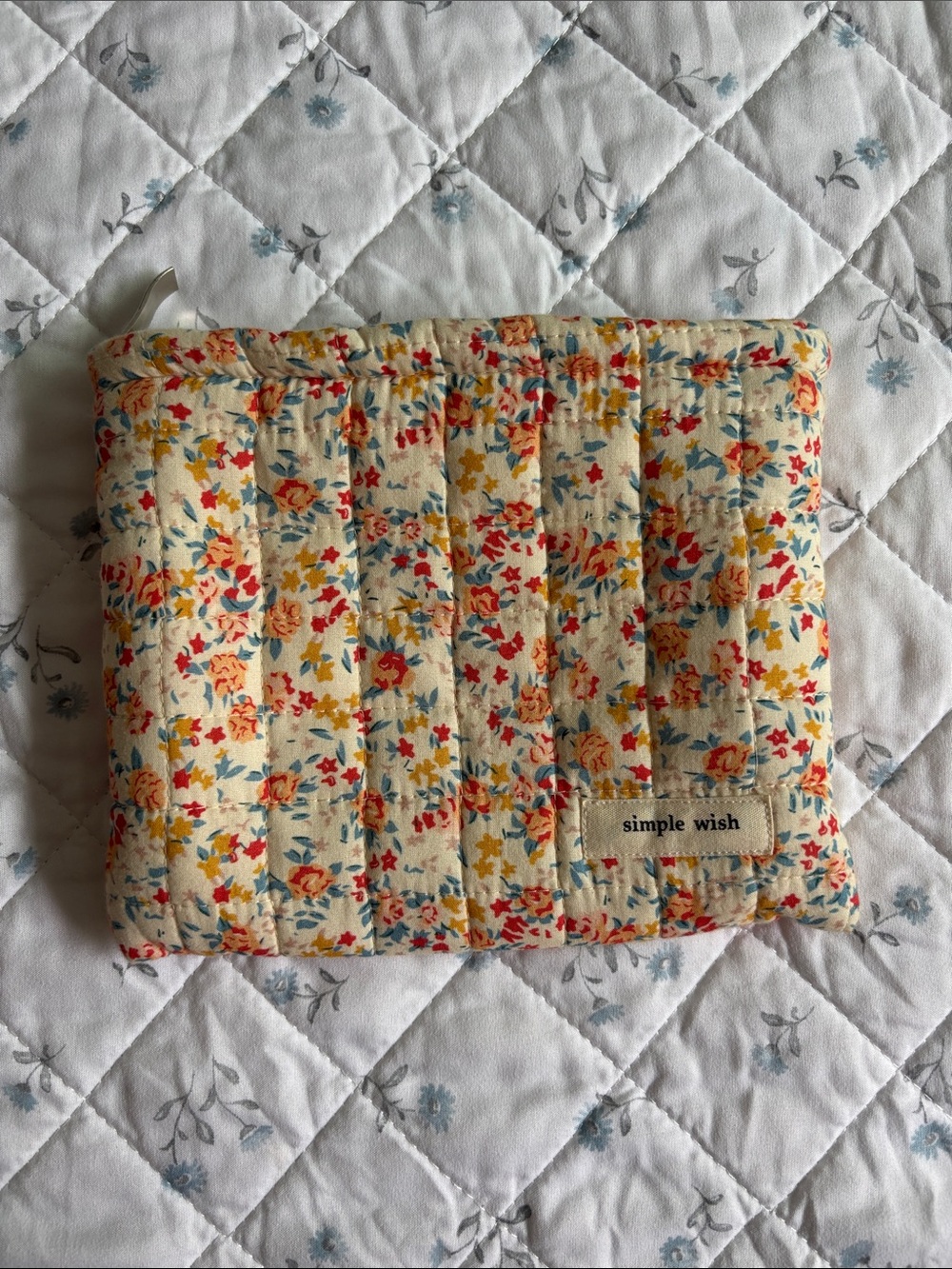 Simple Floral Quilted Pouch in Cream with Red & Yellow Blooms